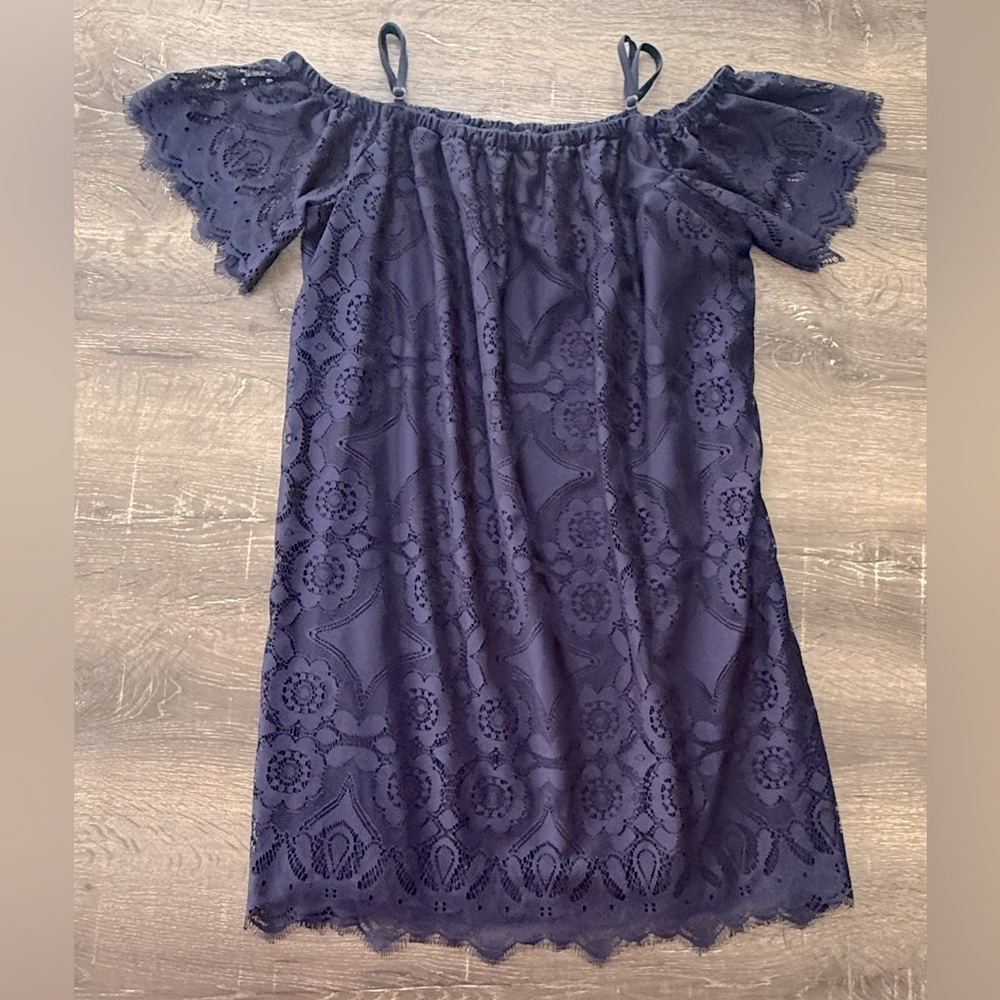 No Comment, Cold Shoulder Navy Blue Lace Mini Dress Size XL